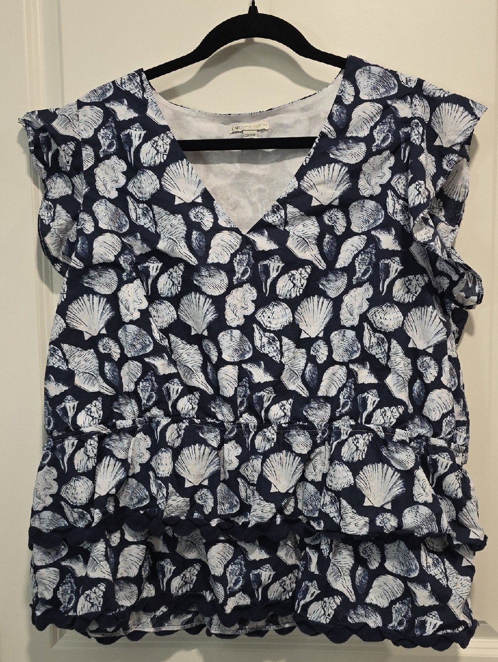 Cato Navy and White Shell Print V-Neck Ruffle Blouse